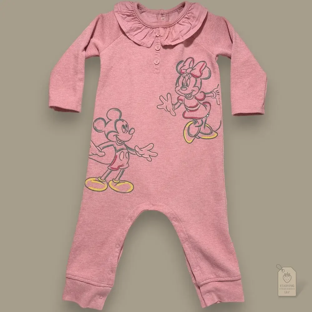 Disney Baby Mickey & Minnie Waffle Knit Romper Pink 24M Long Sleeve